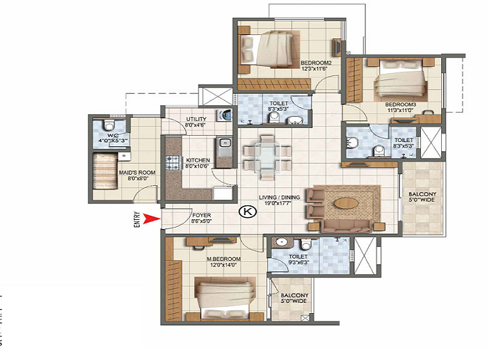 Prestige Autumn Leaves 3 BHK Floor Plan